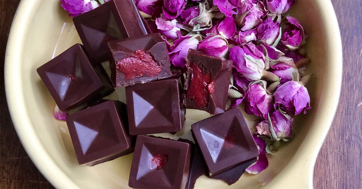 Raw Chocolates with Raspberry-Rose Centres