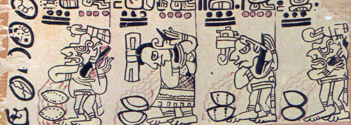 mayan gods cutting their ears over cacao pods