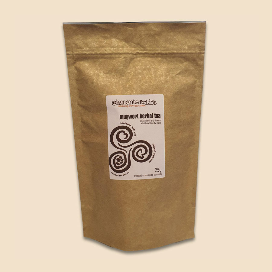 mugwort herbal loose tea from dried flowers and leaves packaged in compostable bags