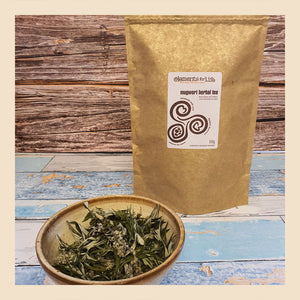 mugwort herbal loose tea from dried flowers and leaves packaged in compostable bags